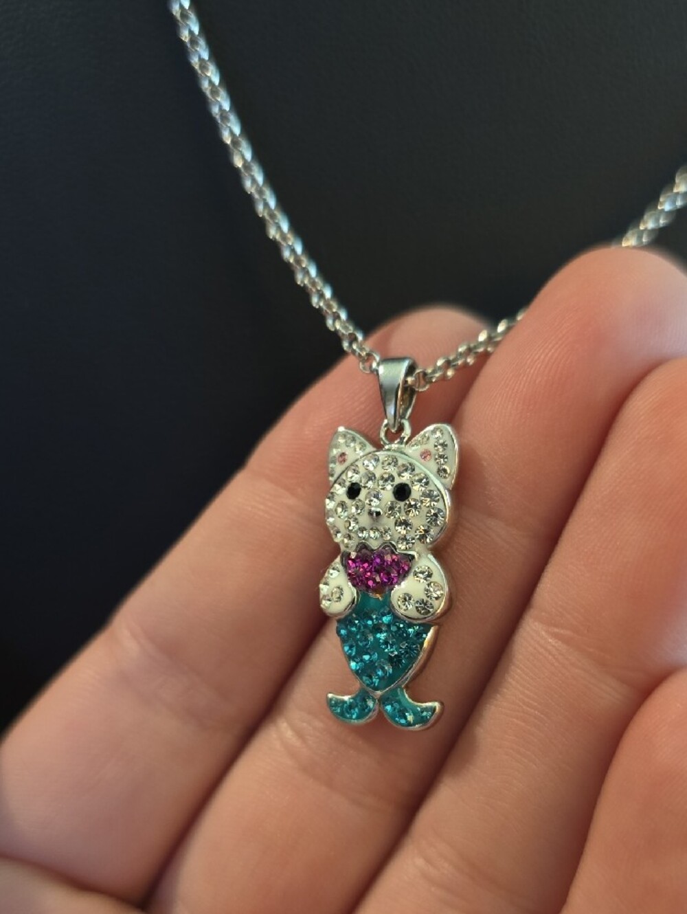 Silver Cat Mermaid Pendant Necklace with Pink and Teal Crystals - Picture 2 of 9